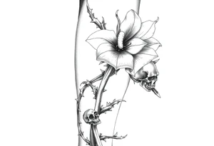 Aconitum flower going up the arm with details gothic style with skulls thorns tribal large tattoo idea