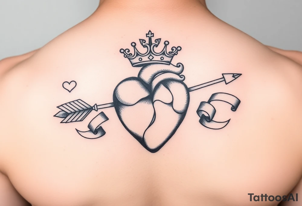heart pierced by ornate arrow with flowing ribbons princess crown tattoo idea