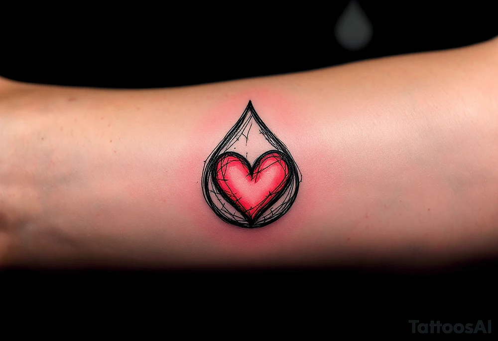A simple, sketched heart inside a small teardrop, with soft shading and small accent lines of red and pink to give the heart a tender, emotional feel. The teardrop itself can be shaded lightly in gray, creating a subtle yet impactful design of love and sorrow. tattoo idea