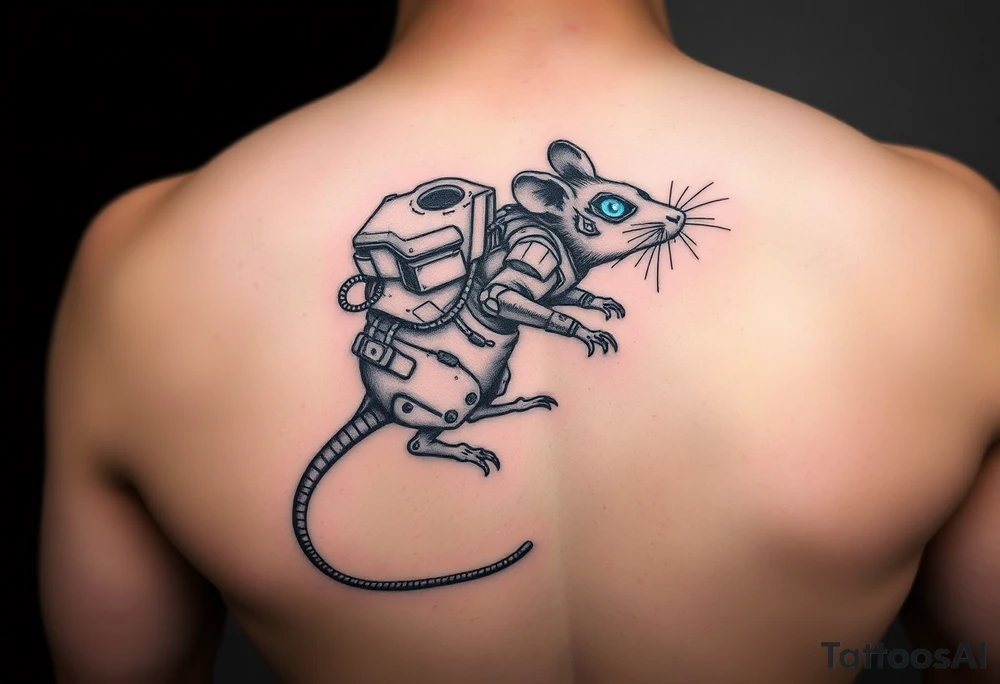 Cybernetic Rat with a Data Cable Tail
A scrappy, survivalist rat with cybernetic limbs and a long tail made of fiber-optic cables.
Could have a small, makeshift backpack with scavenged tech.
Neon elements for the eyes and glowing lines along its body. tattoo idea