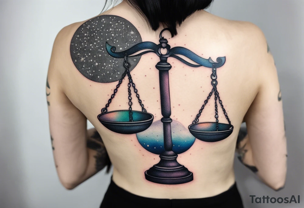 Libra woman holding scales with a night zodiac background including a half moon that encircles half of the woman with vibrant colors tattoo idea