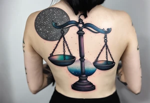 Libra woman holding scales with a night zodiac background including a half moon that encircles half of the woman with vibrant colors tattoo idea