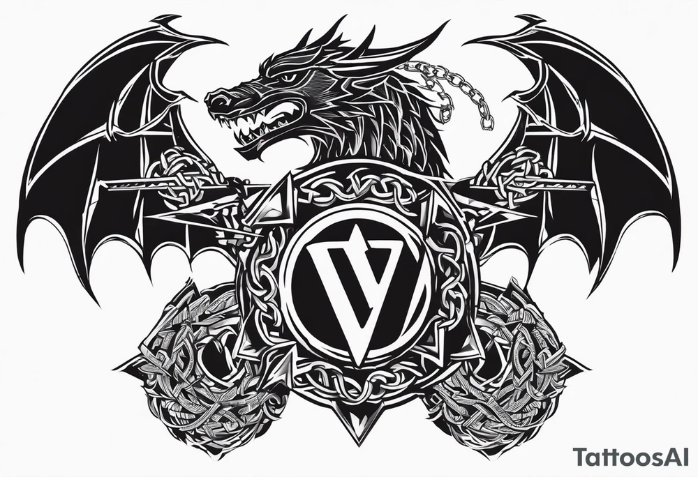 Valhalla sword shield dragon axe Valknut barbed wire chains tribal tattoo idea Valhalla sword shield dragon axe Valknut barbed wire chains tribal tattoo idea