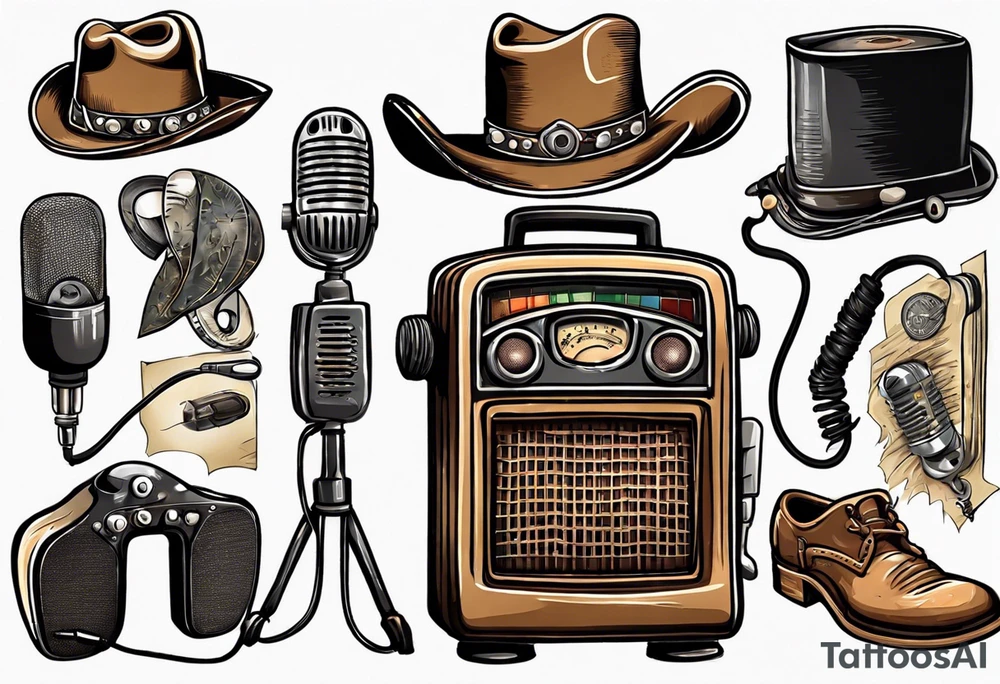Old school radio and microphone with a cowboy hat on top. tattoo idea