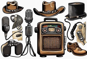 Old school radio and microphone with a cowboy hat on top. tattoo idea