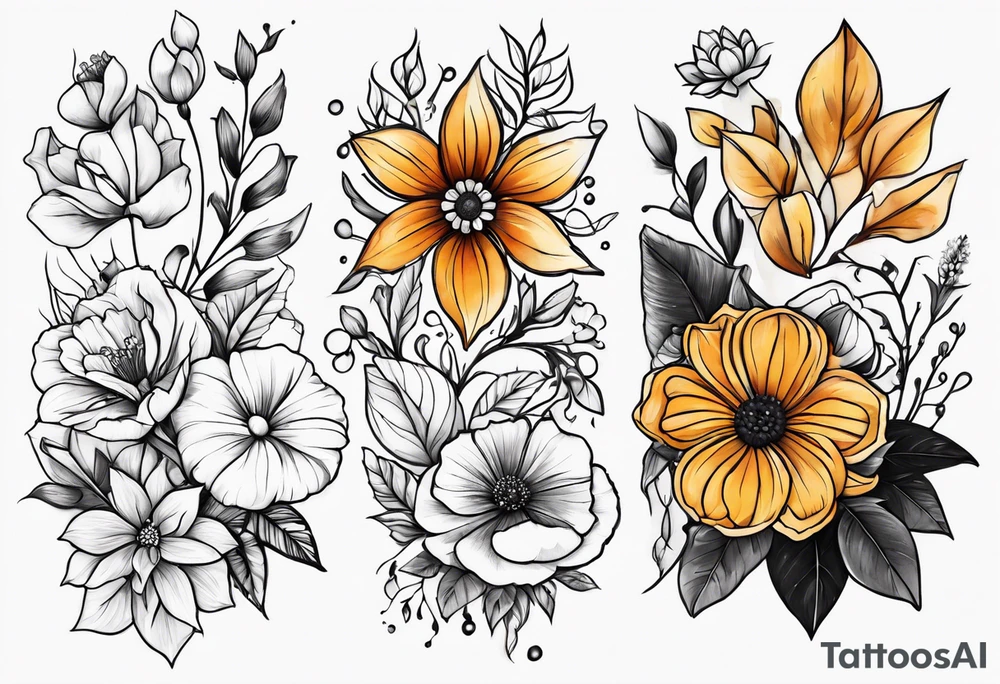 may, june, july, september, october, december birth month flowers half sleeve tattoo tattoo idea