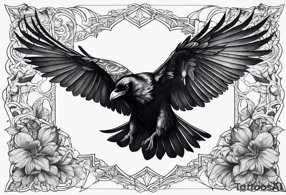 A flying raven on the chest tattoo idea