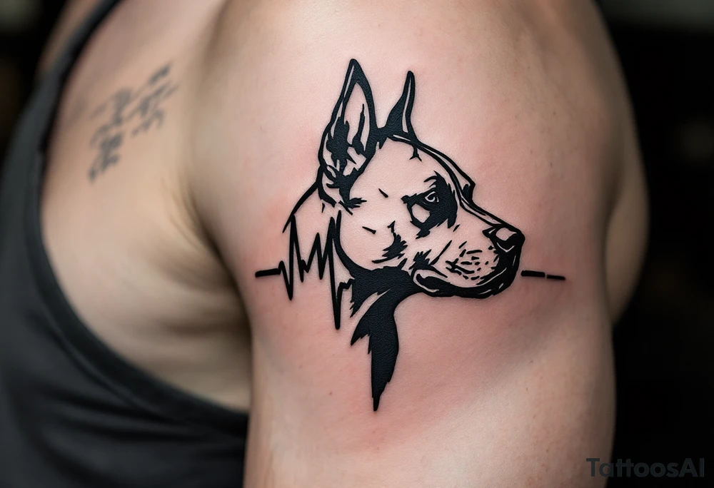 Stafford Heartbeat Tattoo – A heartbeat line turning into the silhouette of a Staffordshire Bull Terrier head in black ink, symbolizing their place in your heart. tattoo idea
