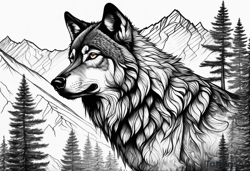Mountains, wolf in it tattoo idea