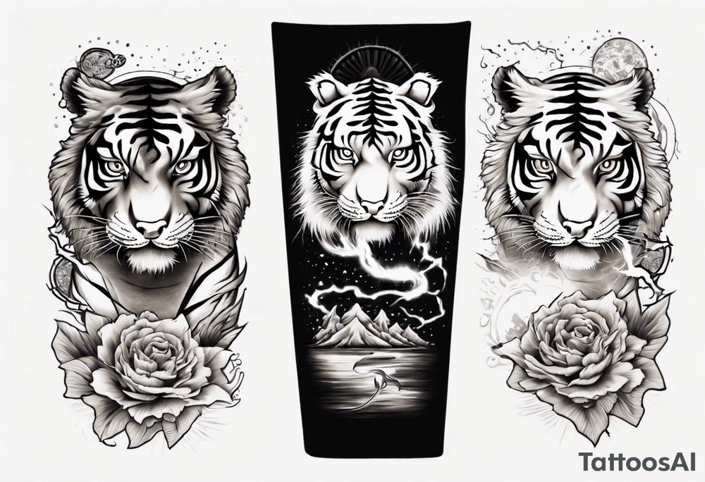 Tiger sleeve tattoo with lightning and the sun
Forearm sleeve tattoo idea