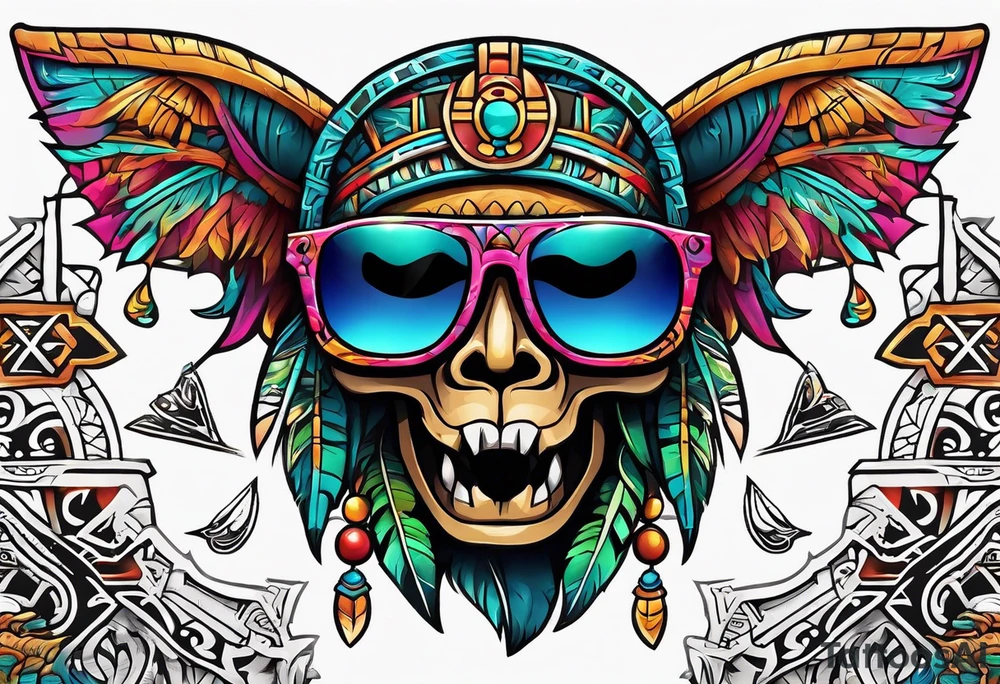 Colorful Mayan hieroglyph wearing sunglasses with bats and water tattoo idea