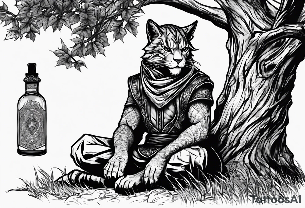 Khajiit sitting under a tree with an empty skooma bottle and a dagger with text that says “Khajiit’s Bane” tattoo idea