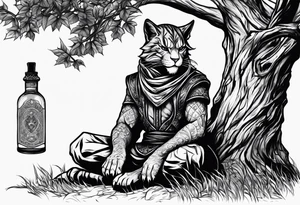 Khajiit sitting under a tree with an empty skooma bottle and a dagger with text that says “Khajiit’s Bane” tattoo idea