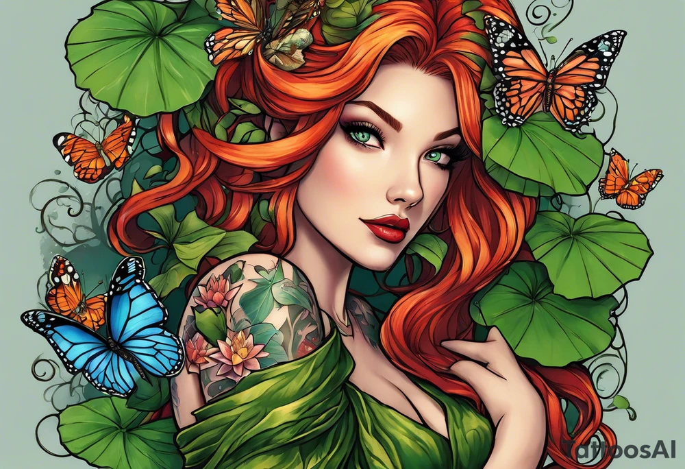 poison ivy wrapped around a hand holding water lilies surrounded with butterflies around with “Zane”, “Nate”, “Jaiden” tattoo idea