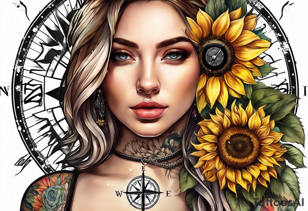 Sunflower next to a compass tattoo idea