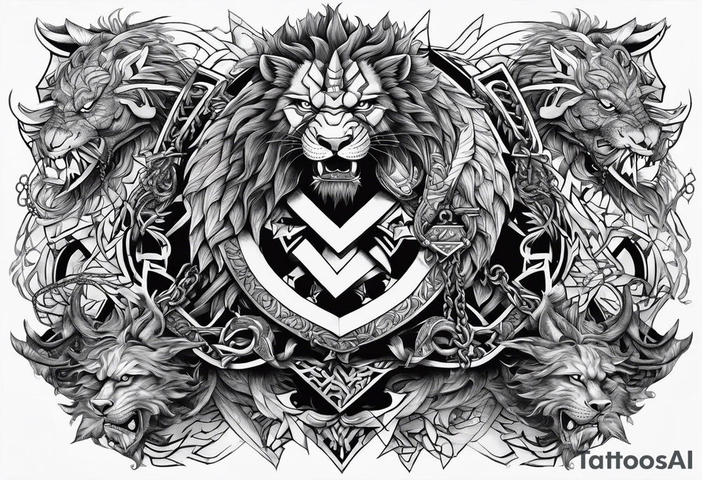 Valhalla sword shield  axe lion dragon 
Valknut barbed wire chains tattoo idea