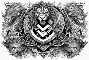 Valhalla sword shield  axe lion dragon 
Valknut barbed wire chains tattoo idea