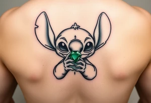 Stitch holding emerald birthstone for forearm tattoo idea