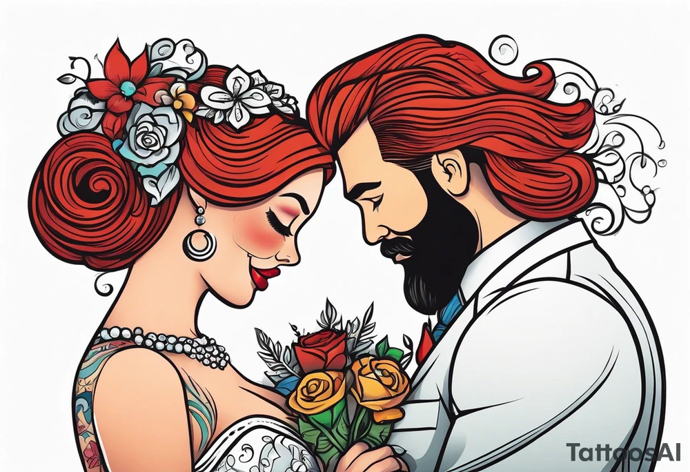 Busty red haired woman with a bearded man who has black hair getting married tattoo idea