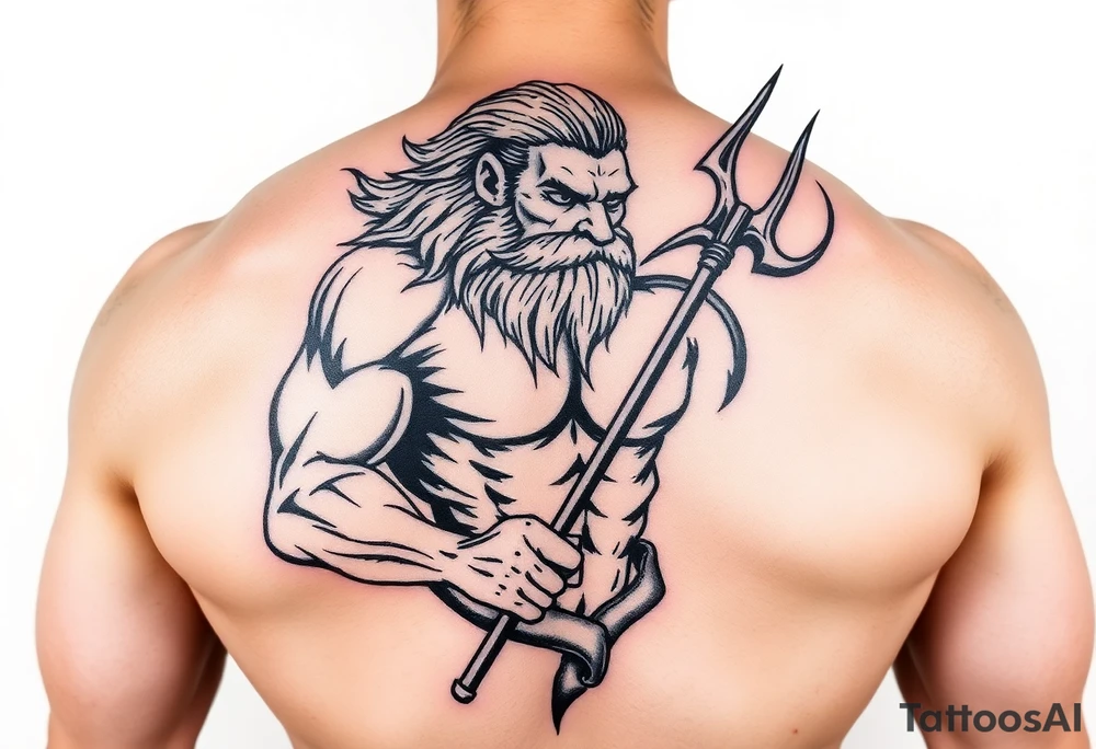 mid aged muscular poseidon with big trident tattoo idea