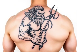 mid aged muscular poseidon with big trident tattoo idea