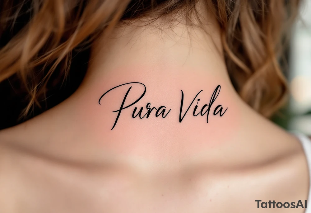 Elegant black “Pura Vida” with a faded pastel beach sunset in the background—peach, lilac, and baby blue. tattoo idea
