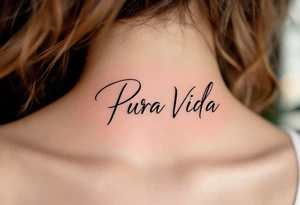 Elegant black “Pura Vida” with a faded pastel beach sunset in the background—peach, lilac, and baby blue. tattoo idea