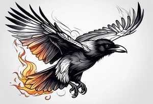 outline drawing of a flying raven with wings on fire tattoo idea