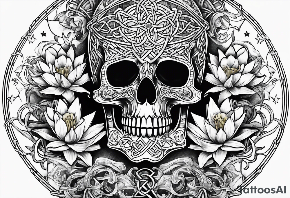 Celtic skull, water lily, daffodil, space and stars, roller coaster track tattoo idea