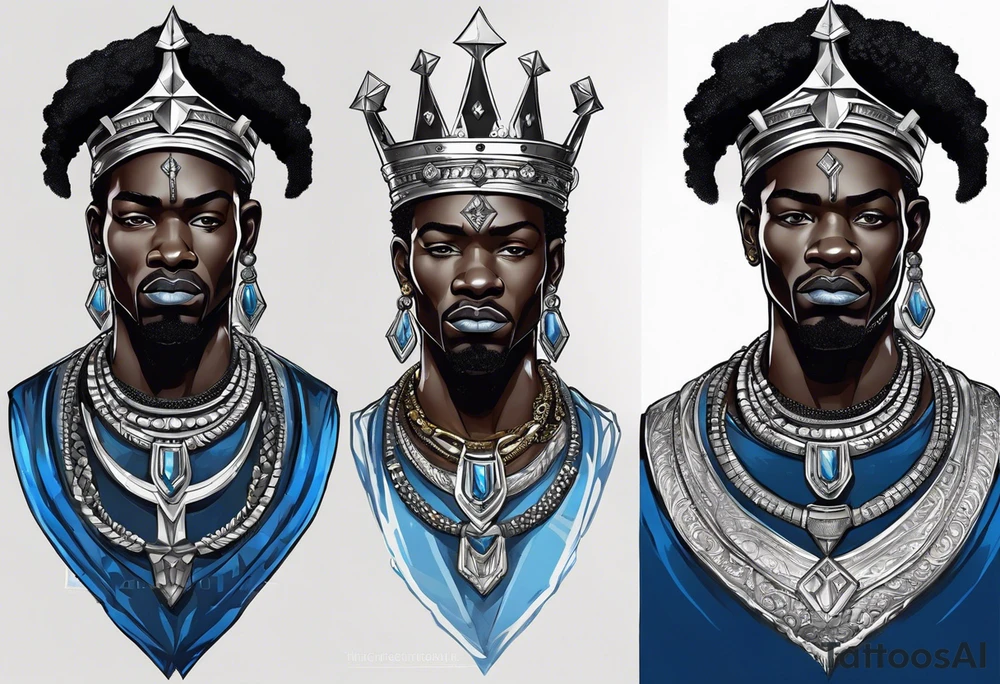 Black-skinned african king with a simple silver crown. He uses blue necklaces and has a sword tattoo idea