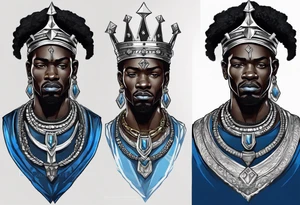 Black-skinned african king with a simple silver crown. He uses blue necklaces and has a sword tattoo idea