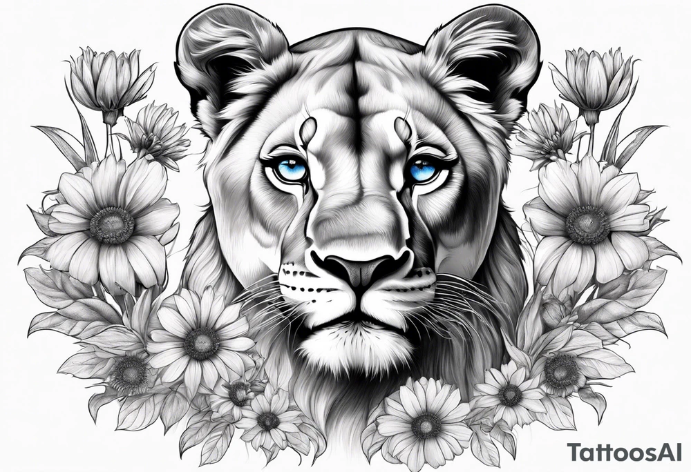 Lioness. 3 cubs. Blue eyes. Surrounded with cornflowers. tattoo idea