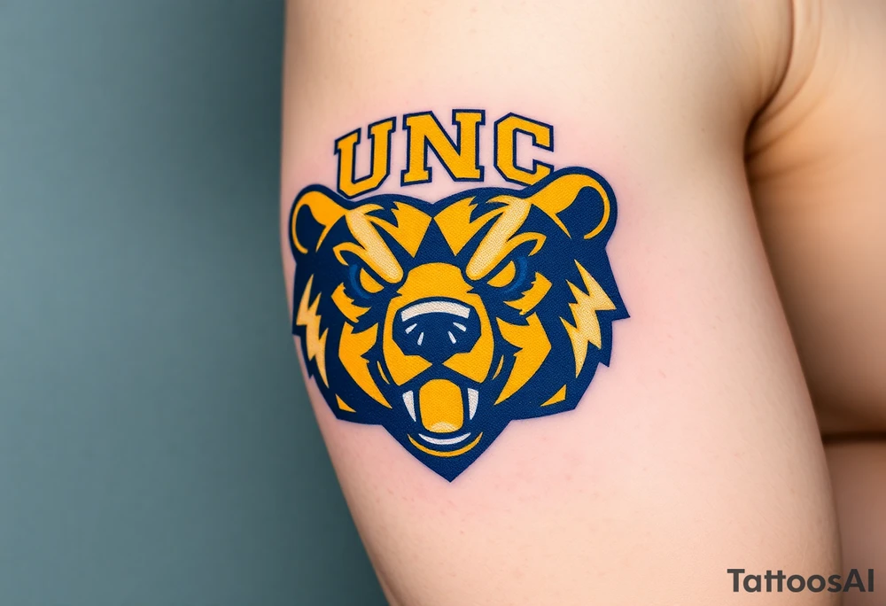 University of Northern Colorado bear mascot  head with Navy blue and yellow with UNC gothic lettering Above head tattoo idea