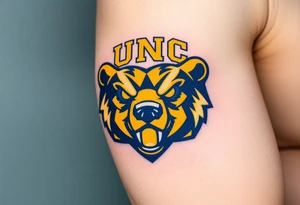 University of Northern Colorado bear mascot  head with Navy blue and yellow with UNC gothic lettering Above head tattoo idea