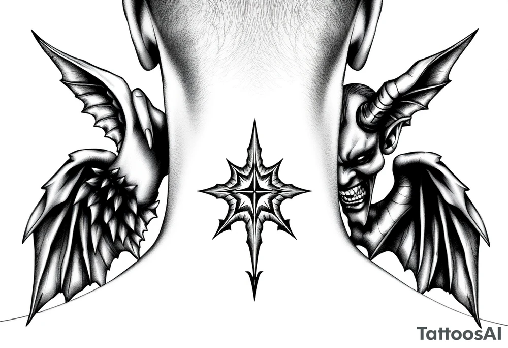 position behind the neck Angel (on the right) whispering in the right ear, demon (on the left) whispering in the left ear. It must be as realistic as possible. tattoo idea