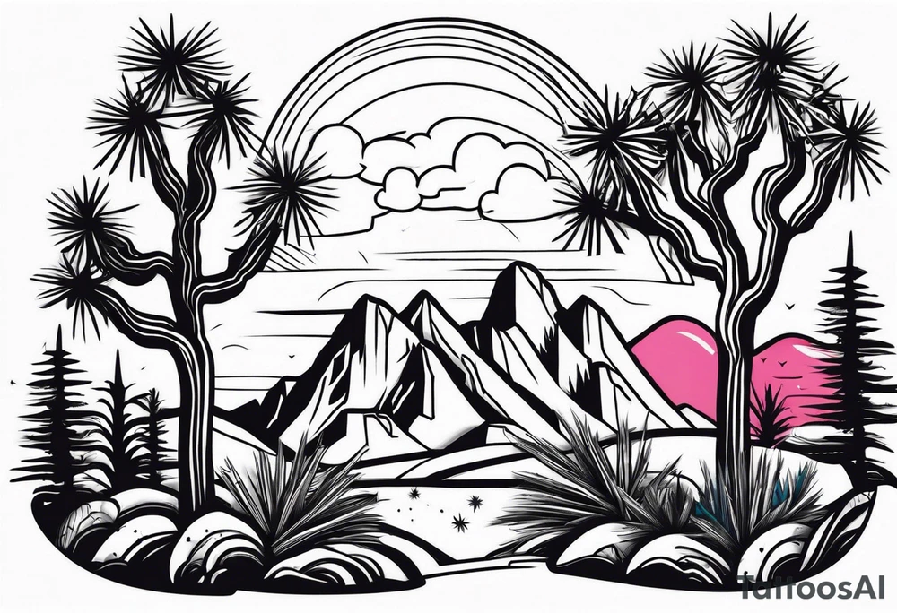 A dessert with joshua trees transitioning to pine trees and mountains tattoo idea