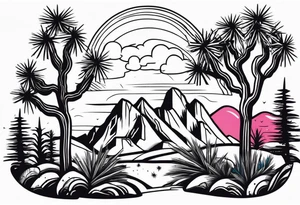 A dessert with joshua trees transitioning to pine trees and mountains tattoo idea