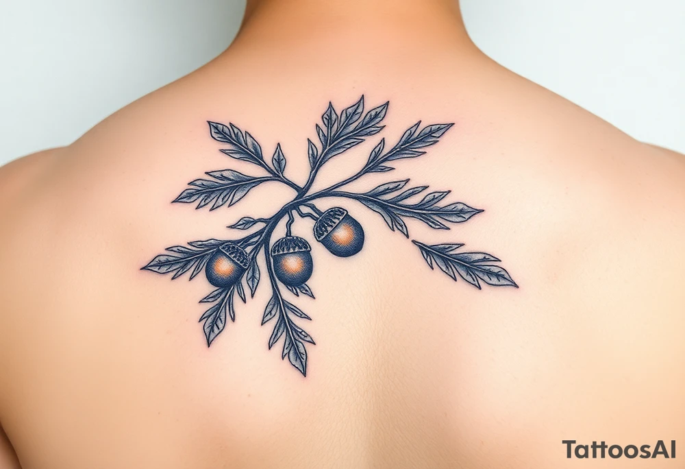 oak branch with thick leaves and acorns tattoo idea