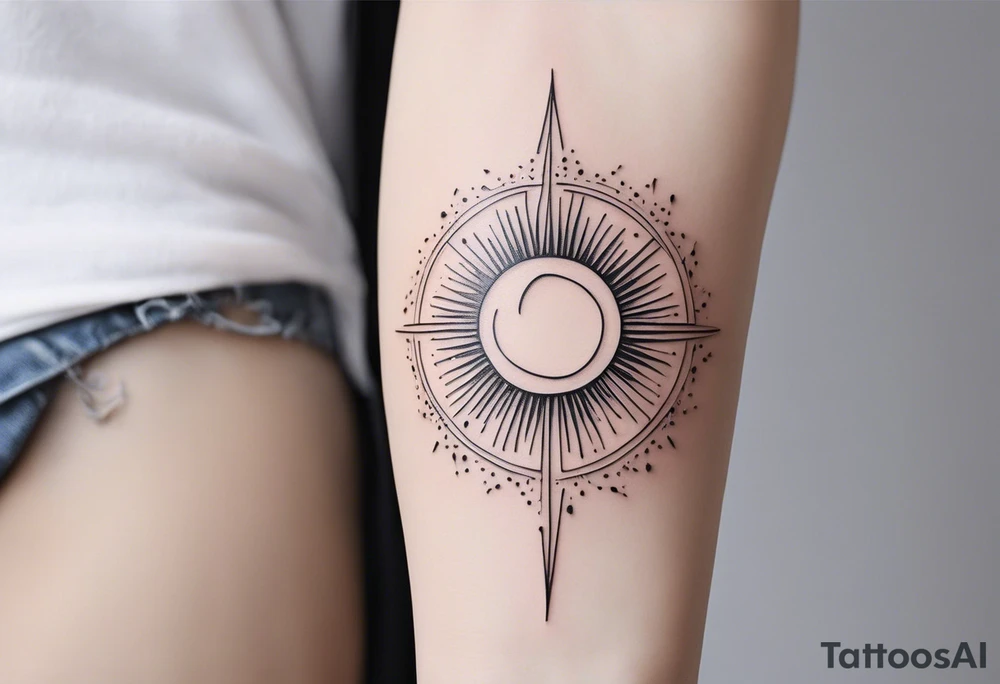 a mixture of minimalist/fine line/tribal/abstract
 tattoo design that is mainly minimalist with fine lines. unique Design of the sun that resembles a connection to the sun. It further resembles the sun's energy. Make it simple to draw and focus on the rays of sunshine
unique shape
simple design
more abstract 
do not put a face in the sun. do not generate full sun. 

let the tattoo be the energy of the sun tattoo idea
