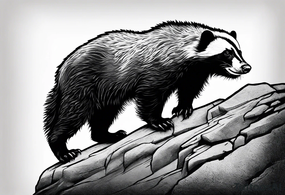 honey badger climbing over steep rock, claws near head, gentle face, legs hanging on trying to get over tattoo idea