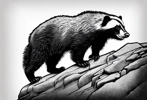 honey badger climbing over steep rock, claws near head, gentle face, legs hanging on trying to get over tattoo idea