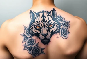 All black wold with orange eyes surrounded by blue roses tattoo idea