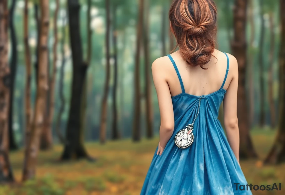 Back view of a girl in a blue dress walking in a forest following a small white rabbit. A pocket watch on top of the scene, falling amongst the trees tattoo idea
