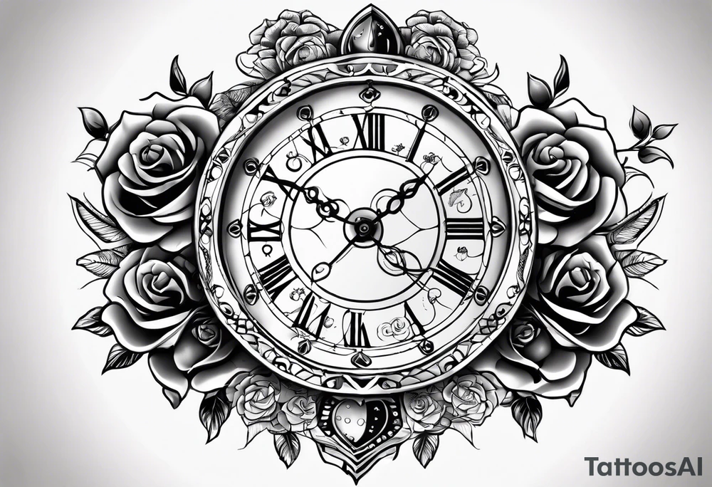 I want a design to print on t-shirts. The design is an hourglass with a wristwatch in the middle with Amazigh numbers, and this watch is surrounded by planets and Ashulk roses. tattoo idea