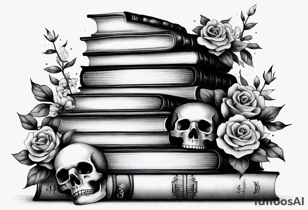 feminine tattoo of stacked books and flowers with a snake and skull tattoo idea