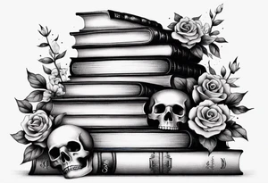 feminine tattoo of stacked books and flowers with a snake and skull tattoo idea