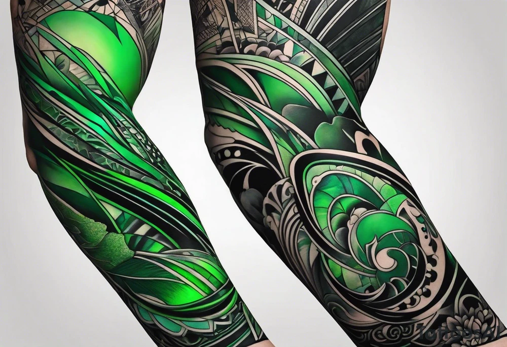 abstract, green and black, covered from wrist to forearm, fully covered, no borders, blackwork tattoo idea