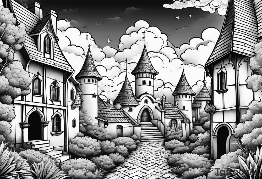 sky medieval town garden with towers small houses gate entrance clouds
 in twisted  vignette tattoo idea