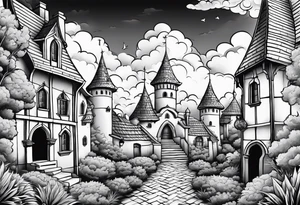 sky medieval town garden with towers small houses gate entrance clouds
 in twisted  vignette tattoo idea