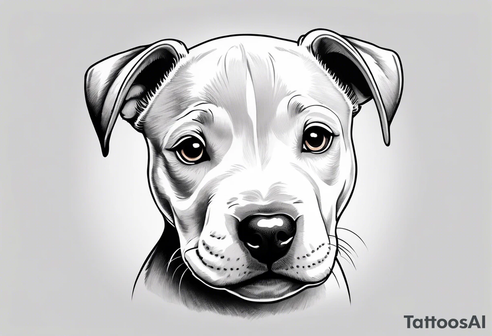 "A small, highly detailed tattoo design of an adorable Pitbull puppy, focusing on its expressive eyes and gentle facial features. The tattoo should capture the puppy's soft fur, with a slight smile and floppy ears, giving it a cute and friendly appearance. The design should be minimalistic and fine-lined, with realistic shading to emphasize the microrealistic style." tattoo idea